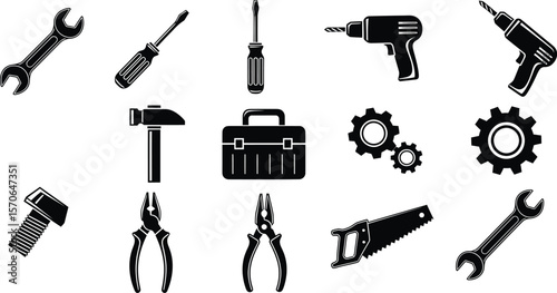 AI generated various black and white construction and repair tools isolated on white background