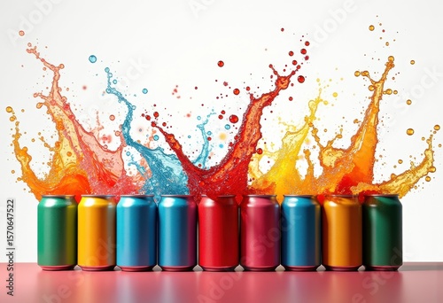 vibrant colorful soda cans splashing refreshing bubbles energetic pop art visuals, liquid, beverage, popart, texture, bright, carbonation, fizzy, container
