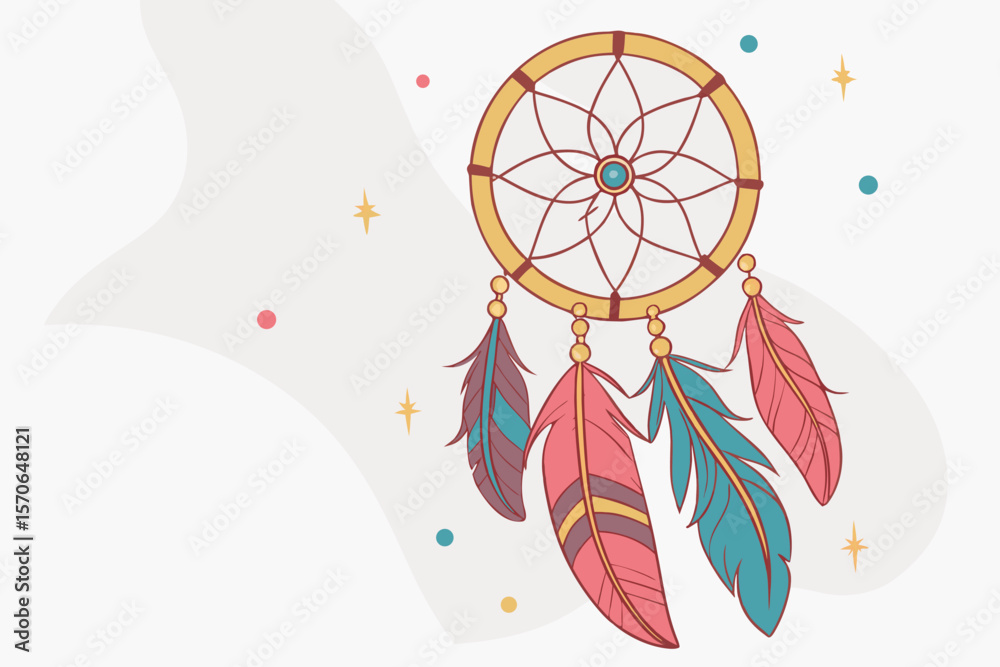 Fototapeta premium colorful feathers, dreamcatcher, boho chic, gold framing, abstract, vibrant, ethereal, soft focus, digital art