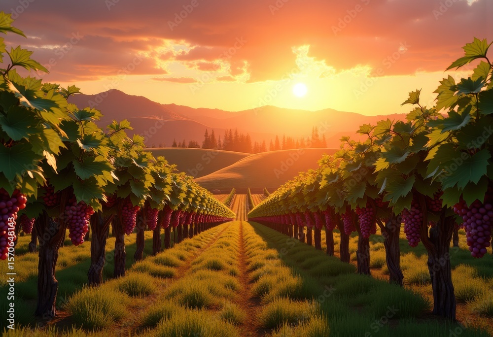 Naklejka premium vibrant vineyard rows sunset illumination golden glow wine country scenic beauty rustic charm, grape, field, plantation, landscape, harvest, flora, nature