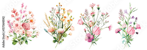 Bouquet Wild Field flowers Watercolor pink illustration Botanical collection of garden plants. Set different wild flowers, branches, herbs and leaves for bouquets and natural elements for cards