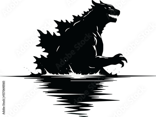 Silhouette of a large, monstrous creature emerging from water, roaring.