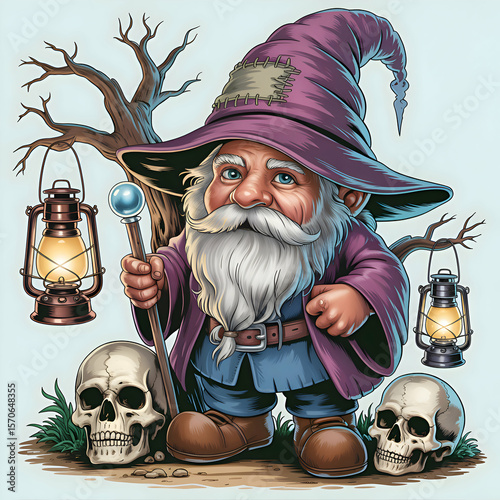 Enchanted wizard with lanterns and skulls in a mystical forest setting during twilight hours Generative AI