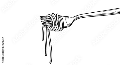 Black and White Sketch Vintage Doodle of Spaghetti Wrapped on a Fork
