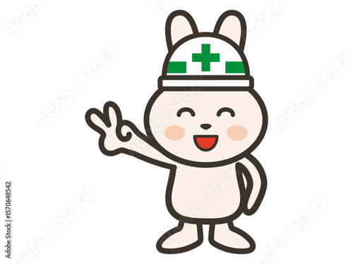 ピースをしてポーズを取る工事現場のうさぎさんのイラスト