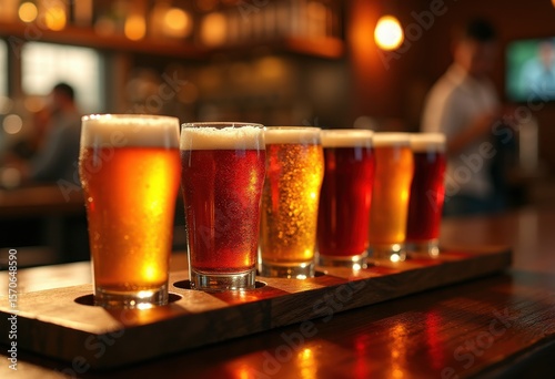 vibrant craft beer flight colorful selection tasting experience wooden board refreshing aromatic brew artisanal variety, ale, lager, stout, porter, sip, foam