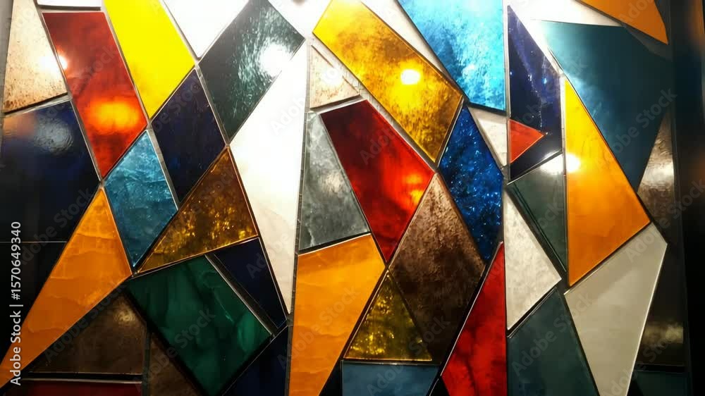 Tiled glass mosaic wall with angular geometry and bold color blocks under directional lighting