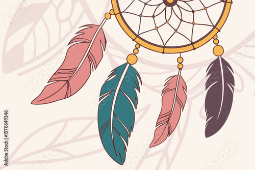  colorful feathers, dreamcatcher, boho chic, gold framing, abstract, vibrant, ethereal, soft focus, digital art