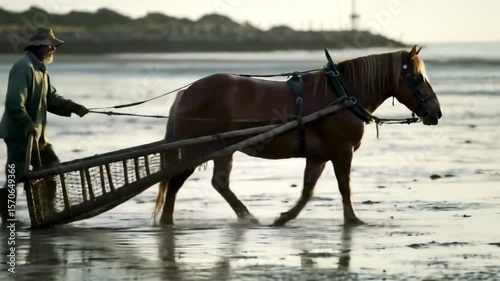 Traditional shrimp fishing using a heavy draft horse pulling a net across tidal shallows at sunrise, with a fisherman walking beside on a misty beach
