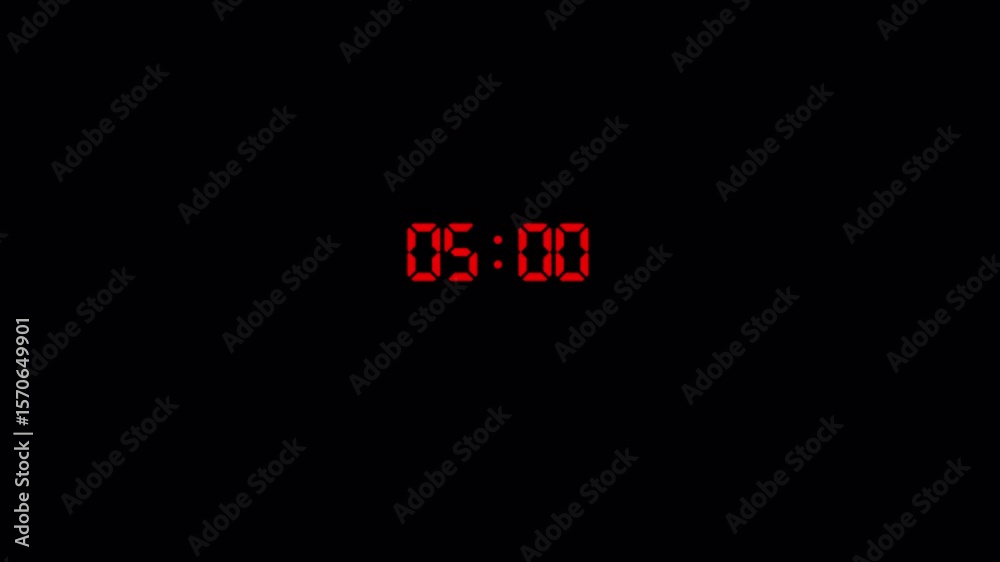 Digital LED clock display with red animated text and alpha channel technology concept of 10 second
