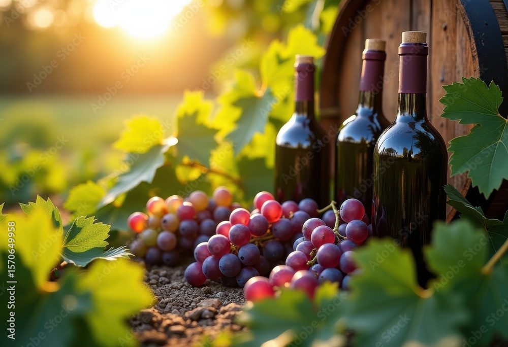 Obraz premium wine bottles surrounded luscious vineyard grapes freshly harvested picturesque wine country setting, cluster, glass, barrel, cellar, vintage, red, white