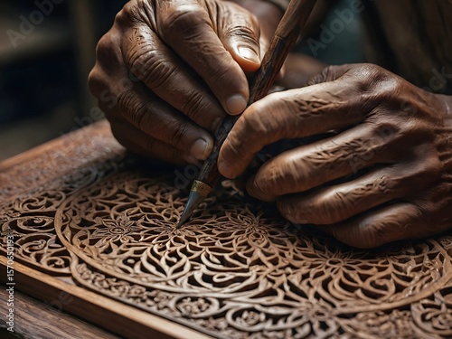 Extreme Close-up of Artisan's Hands Carving Intricate Wood Patterns AI Generated