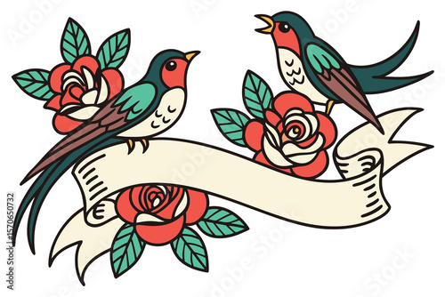  birds,roses,ribbon,banner,illustration,traditional tattoo style,ornate,detailed,colorful,vibrant