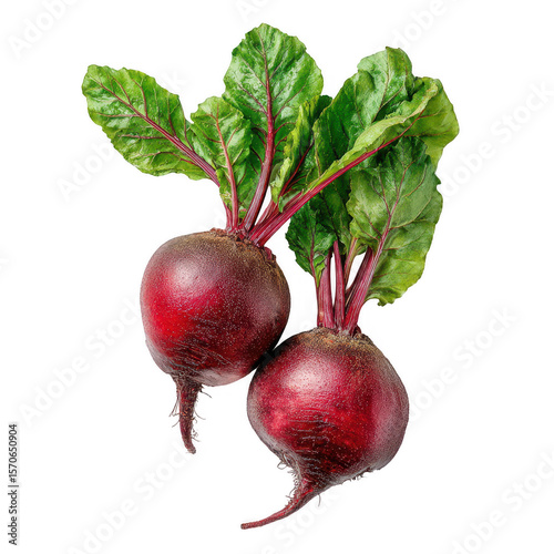 Two vibrant red beets with fresh green leaves (9)