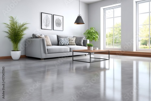 Modern minimalist living room interior with polished concrete floor