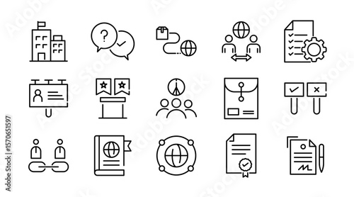 Diplomacy linear icon set. Political dialogue, law, politics, peace, alliance, foreign policy, government, summit, international relations, diplomatic, debate, vector icon set. UI thin line icon pack