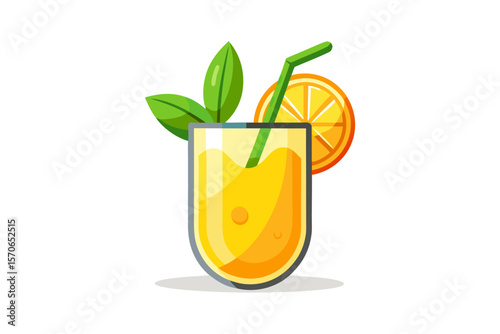 Download this vibrant and refreshing orange juice vector illustration featuring a tall glass filled with bright orange juice and garnished with a lemon slice.