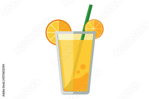 Download this vibrant and refreshing orange juice vector illustration featuring a tall glass filled with bright orange juice and garnished with a lemon slice.