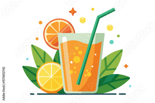 Download this vibrant and refreshing orange juice vector illustration featuring a tall glass filled with bright orange juice and garnished with a lemon slice.