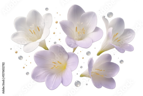 Elegant white freesia flowers isolated on transparent background, graceful blooms