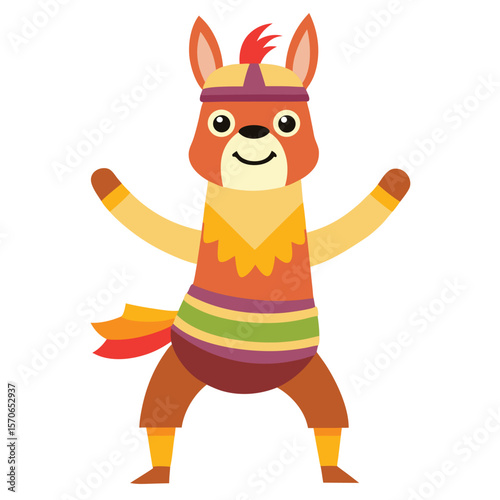 Cute cartoon llama wearing traditional colorful clothing and headband
