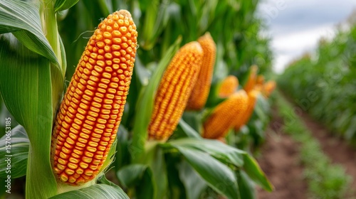 Ripe corn cobs growing in agricultural field