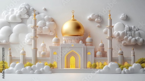 Experience Islamic Architecture With Golden Domes And Decorative Clouds