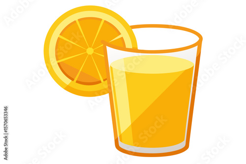 Download this vibrant and refreshing orange juice vector illustration featuring a tall glass filled with bright orange juice and garnished with a lemon slice.