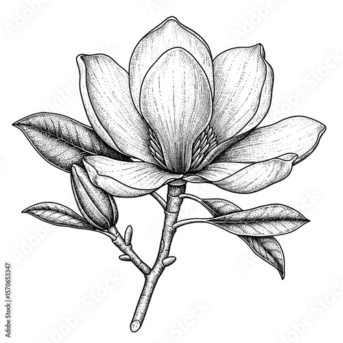 Black and white line drawing of a magnolia in vintage scientific engraving style, intricate ink illustration, clean white background