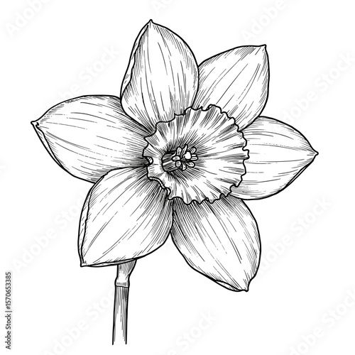 Black and white line drawing of a daffodil in vintage scientific engraving style, intricate ink illustration, clean white background