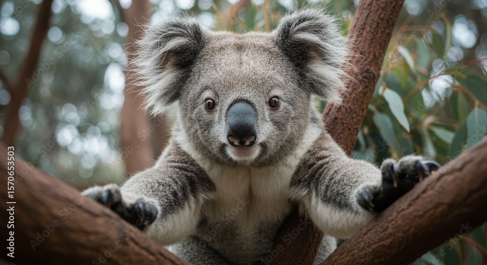 Obraz premium A cuddly koala bear posing for a selfie while holding onto a tree branch.