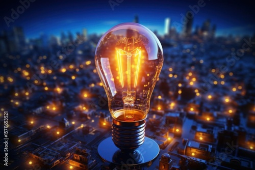 light Bulb Glows with Idea, Innovation, Electrical Solution, And Urban Futuristic Theme.
