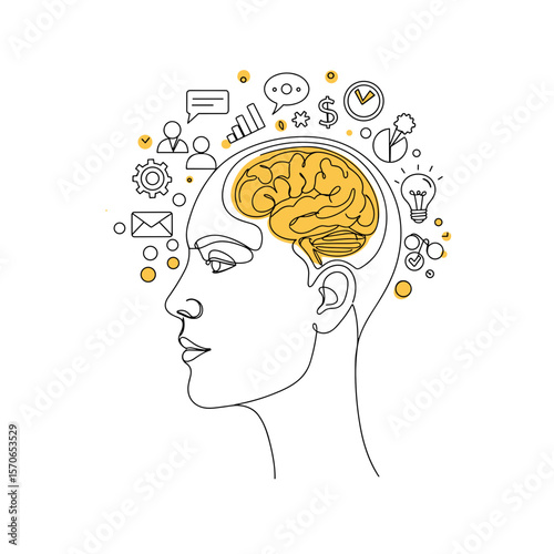 Side-profile human face monoline vector illustration with smooth continuous line and soft flat yellow thought bubble symbolizing brain activity on clean background 