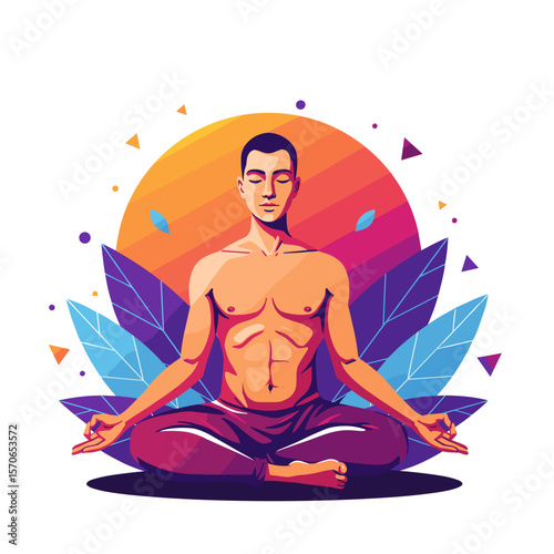 Man meditating cross-legged in modern flat vector design with bold saturated colors, geometric shapes, and crisp lines on white background