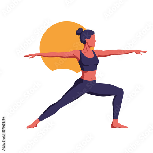 Woman in warrior pose in modern flat vector style with bold saturated colors, geometric shapes, and crisp lines on white background
