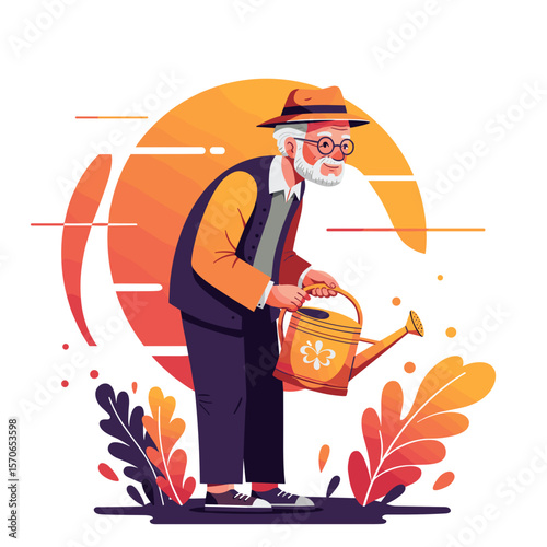 Elderly man holding watering can in sleek modern flat vector style with bold saturated colors and crisp geometric shapes on clean background