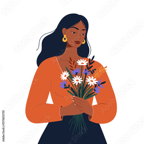 Woman holding bouquet of wildflowers in stylish flat vector illustration with vivid high-contrast saturated colors and contemporary artistic twist on clean background