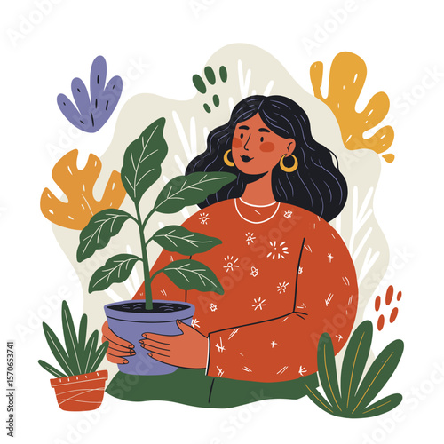 Woman with plant in vibrant playful illustration with bold saturated colors, intricate outlines, and whimsical patterns on contrasting white background