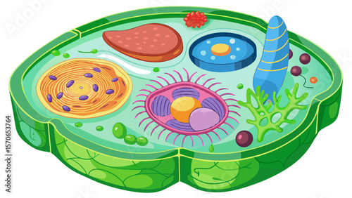 Vector illustration of a plant cell diagram shows the different organelles isolated on white background