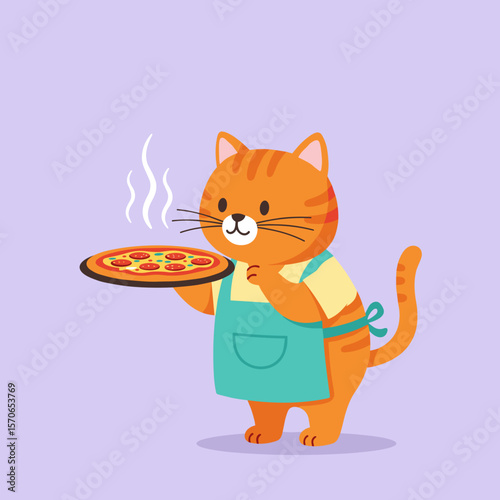 Flat vector illustration of cat in apron smelling pizza, bright colors, clean lines, minimal details, modern style on white background