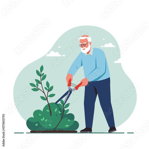 Flat vector illustration of elderly man pruning small bush, clean lines, minimal details, bright colors, modern and professional look