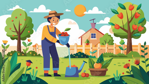 Vector illustration of a farmer harvesting apples in his garden on a sunny day illustration