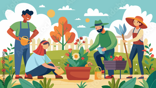 Vector illustration of people are gardening together in the backyard on a sunny day