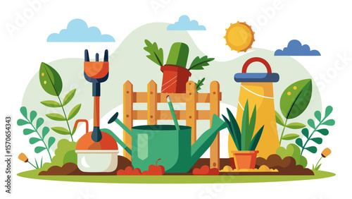 Vector illustration of gardening tools and plants in a colorful flat vector illustration