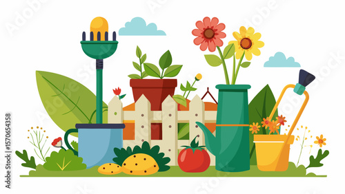 Vector illustration of a colorful garden scene with flowers, plants, and gardening tools