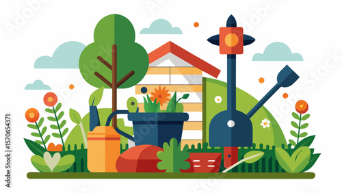 Vector illustration of a colorful garden scene with plants, flowers, and gardening tools