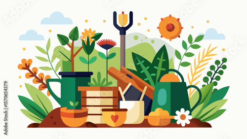 Vector illustration of gardening tools and plants in a colorful vector illustration