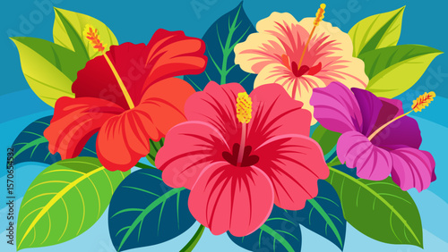 Vector illustration of colorful hibiscus flowers bloom with vibrant leaves on a blue background