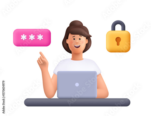 Young smiling woman Jane working on laptop with password and padlock. Security, login, online privacy, cybersecurity, data protection concept. 3d vector people character. Cartoon minimal style.