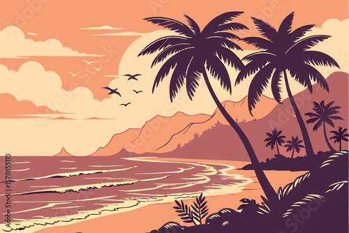  tropical sunset, palm trees silhouette, ocean waves, sun reflection, orange and pink sky, distant mountains, vibrant colors, scenic landscape, dreamy atmosphere, beautiful scenery